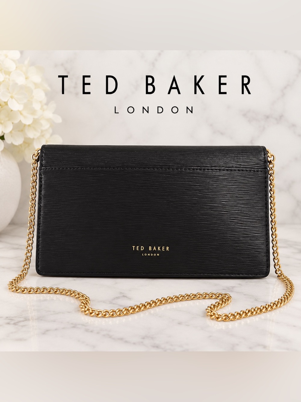 Ted Baker Black Bark Texture Bow Matinee Wallet on Chain